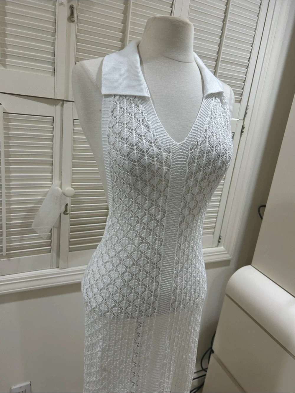 New White Crochet Fringe Maxi Dress Cover up with Collared V-Neck